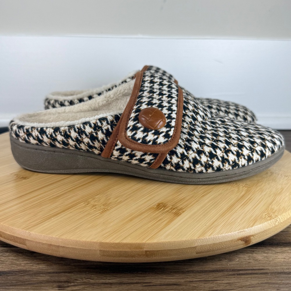 Vionic Carlin‎ Mule Slippers Women 7 Black White Houndstooth Good Orthopedic